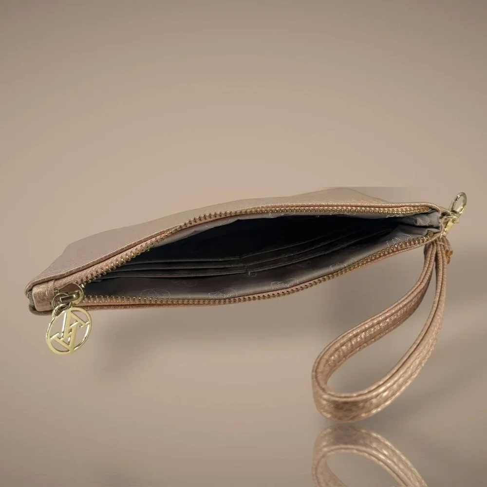 Nude Rose Gold Vegan Leather Convertible Wristlet Pouch‎
